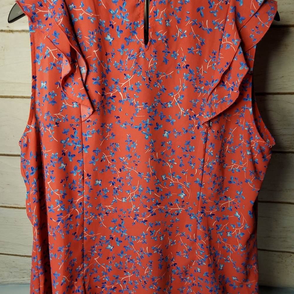 Elle Coral Sleeveless Ruffle Blouse with Blue Floral Motif - Picture 2 of 6